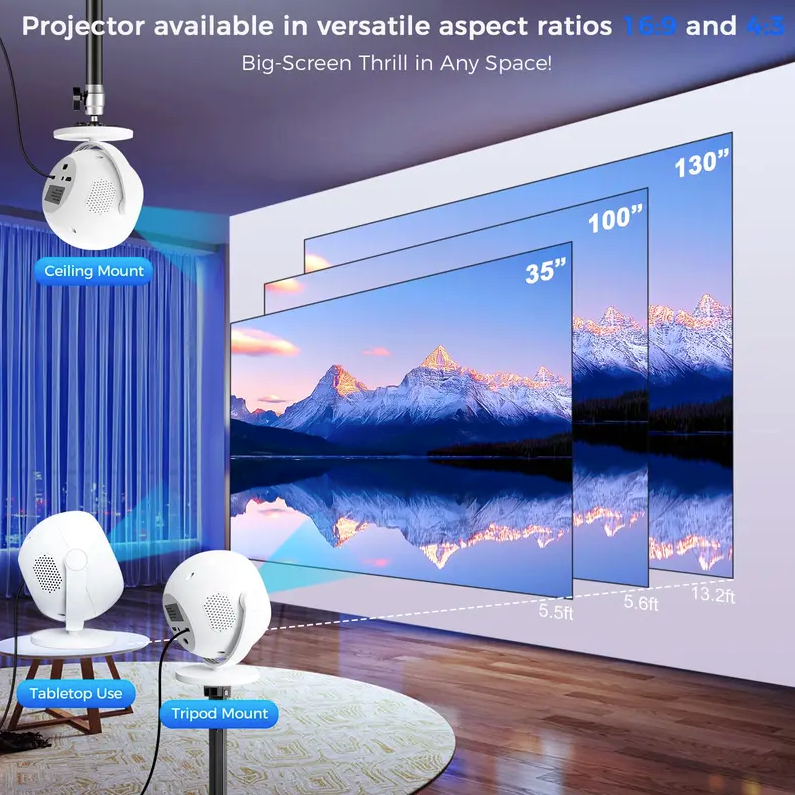 Mini 4K Smart Portable Projector – 360° Rotatable with Wi-Fi 6, Bluetooth 5.2 & Built-In Apps