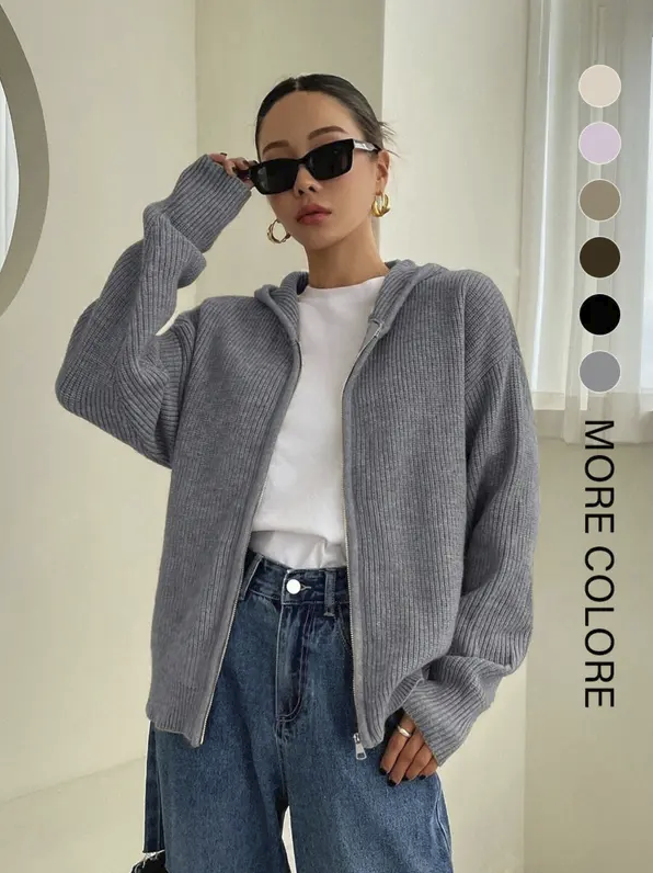 Women’s Zip-Up Hooded Knit Cardigan – Casual Drop Shoulder Sweater for Everyday Fall & Winter Wear