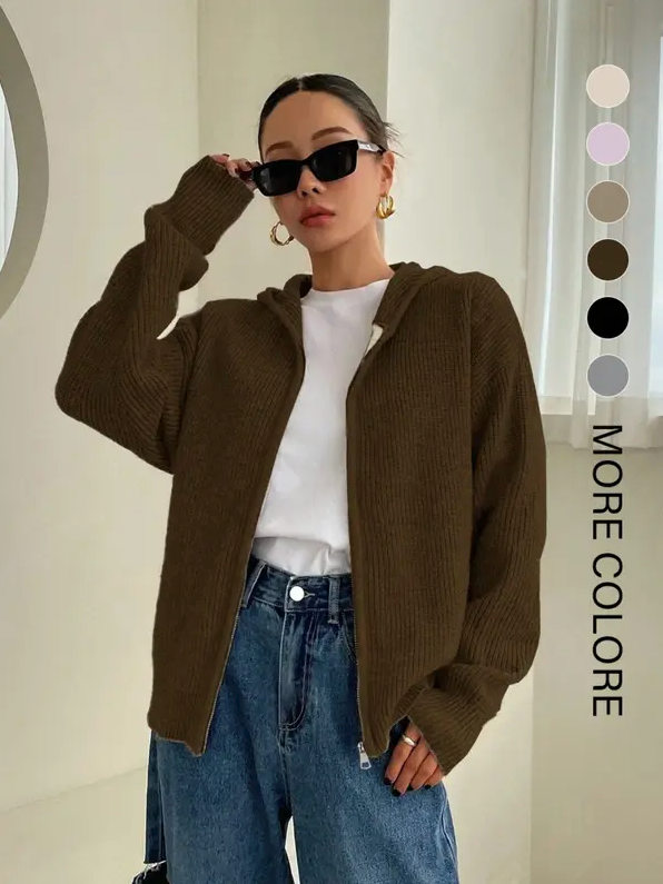 Women’s Zip-Up Hooded Knit Cardigan – Casual Drop Shoulder Sweater for Everyday Fall & Winter Wear