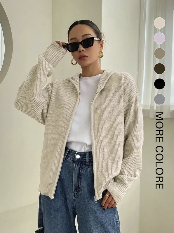 Women’s Zip-Up Hooded Knit Cardigan – Casual Drop Shoulder Sweater for Everyday Fall & Winter Wear