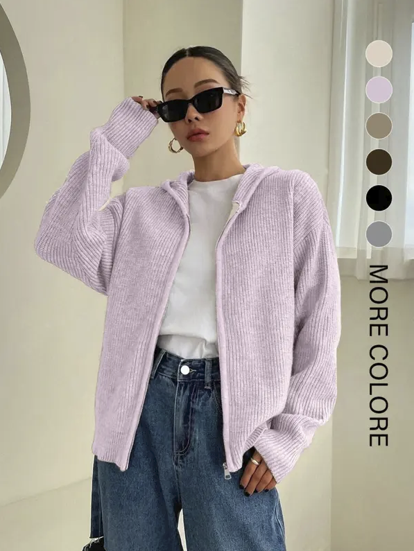 Women’s Zip-Up Hooded Knit Cardigan – Casual Drop Shoulder Sweater for Everyday Fall & Winter Wear