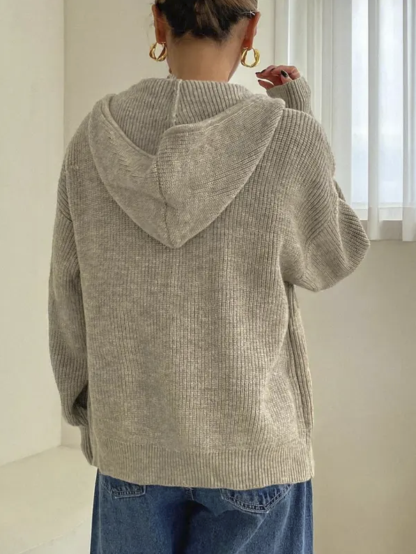 Women’s Zip-Up Hooded Knit Cardigan – Casual Drop Shoulder Sweater for Everyday Fall & Winter Wear