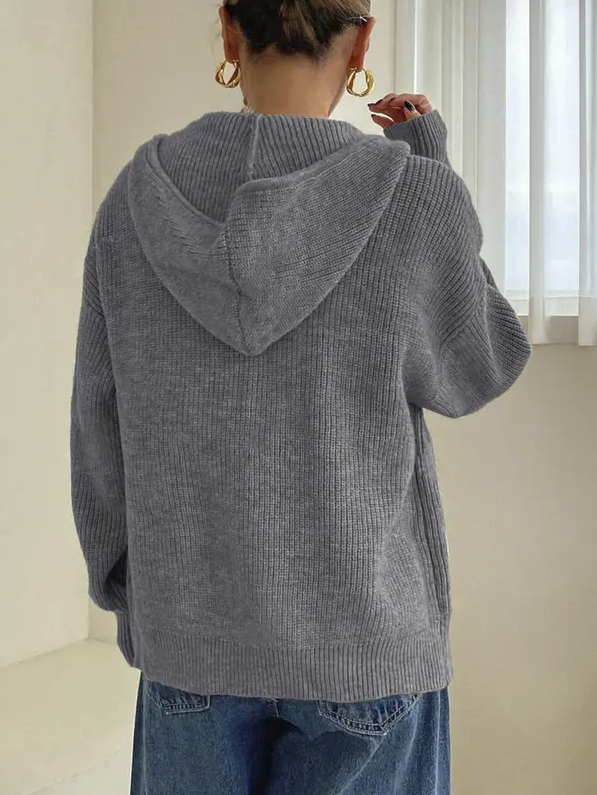 Women’s Zip-Up Hooded Knit Cardigan – Casual Drop Shoulder Sweater for Everyday Fall & Winter Wear
