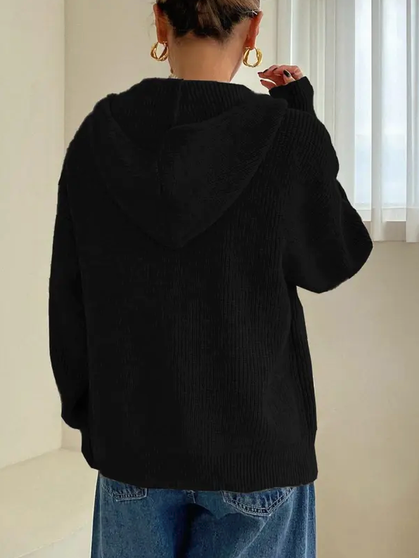 Women’s Zip-Up Hooded Knit Cardigan – Casual Drop Shoulder Sweater for Everyday Fall & Winter Wear