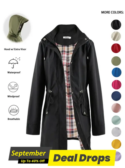 Women’s Waterproof & Windproof Hooded Trench Coat with Adjustable Drawstring