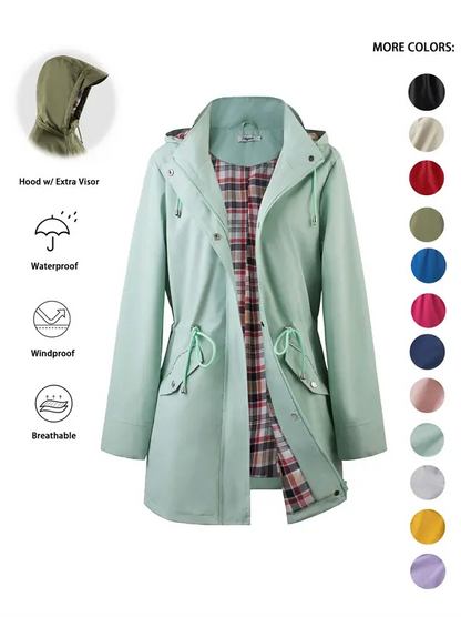 Women’s Waterproof & Windproof Hooded Trench Coat with Adjustable Drawstring