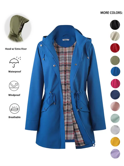 Women’s Waterproof & Windproof Hooded Trench Coat with Adjustable Drawstring