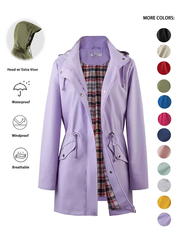 Women’s Waterproof & Windproof Hooded Trench Coat with Adjustable Drawstring