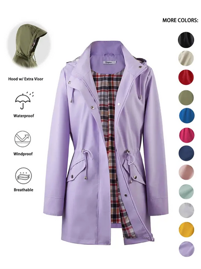 Women’s Waterproof & Windproof Hooded Trench Coat with Adjustable Drawstring