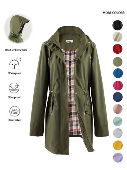 Women’s Waterproof & Windproof Hooded Trench Coat with Adjustable Drawstring