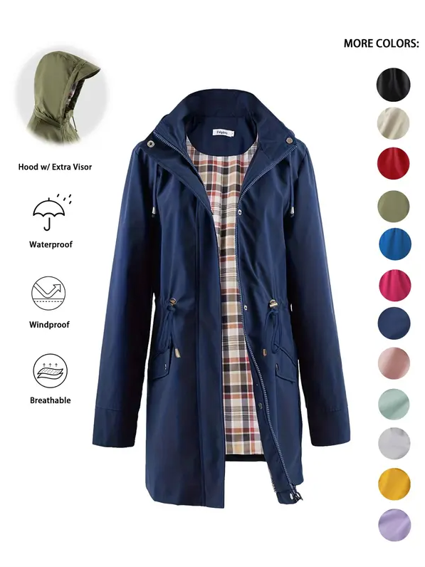 Women’s Waterproof & Windproof Hooded Trench Coat with Adjustable Drawstring