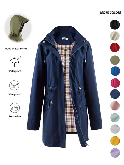 Women’s Waterproof & Windproof Hooded Trench Coat with Adjustable Drawstring