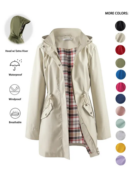Women’s Waterproof & Windproof Hooded Trench Coat with Adjustable Drawstring
