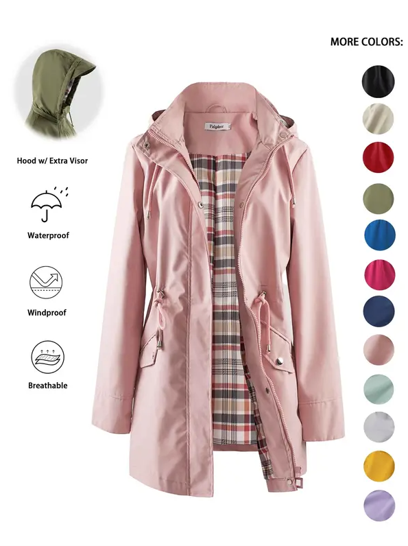 Women’s Waterproof & Windproof Hooded Trench Coat with Adjustable Drawstring