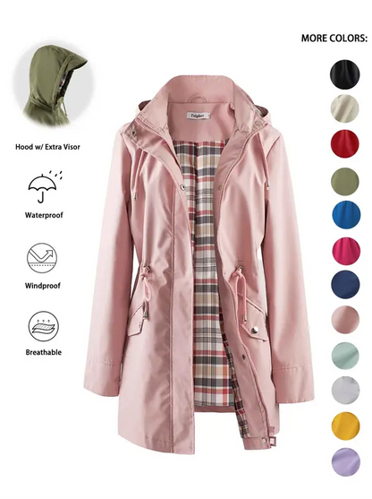 Women’s Waterproof & Windproof Hooded Trench Coat with Adjustable Drawstring