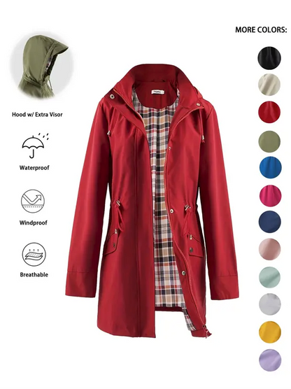 Women’s Waterproof & Windproof Hooded Trench Coat with Adjustable Drawstring
