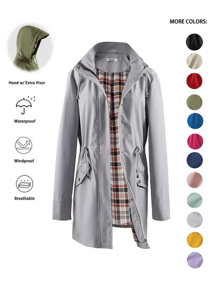 Women’s Waterproof & Windproof Hooded Trench Coat with Adjustable Drawstring
