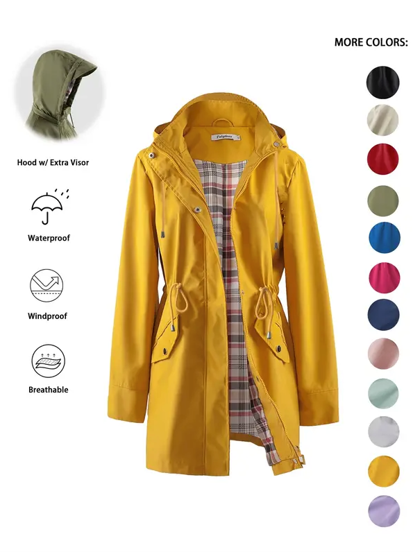 Women’s Waterproof & Windproof Hooded Trench Coat with Adjustable Drawstring