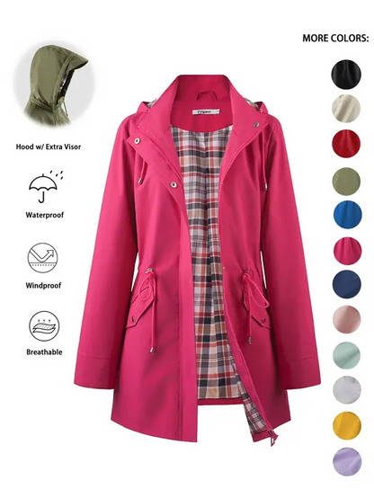Women’s Waterproof & Windproof Hooded Trench Coat with Adjustable Drawstring