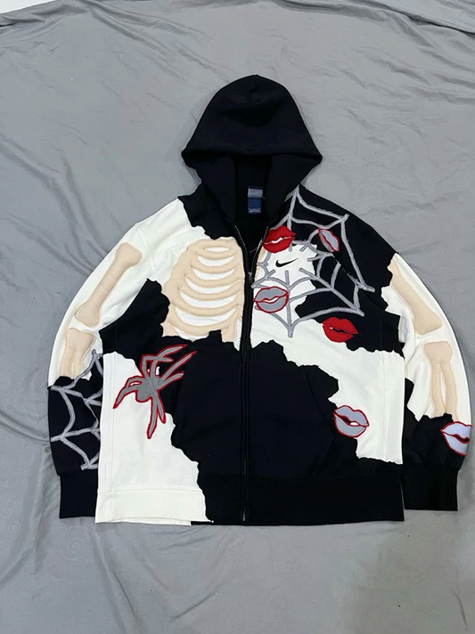 Dark Aesthetic Lips & Bones Patchwork Hoodie