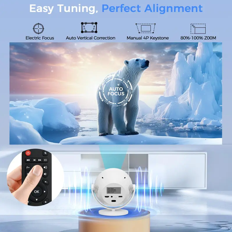 Mini 4K Smart Portable Projector – 360° Rotatable with Wi-Fi 6, Bluetooth 5.2 & Built-In Apps