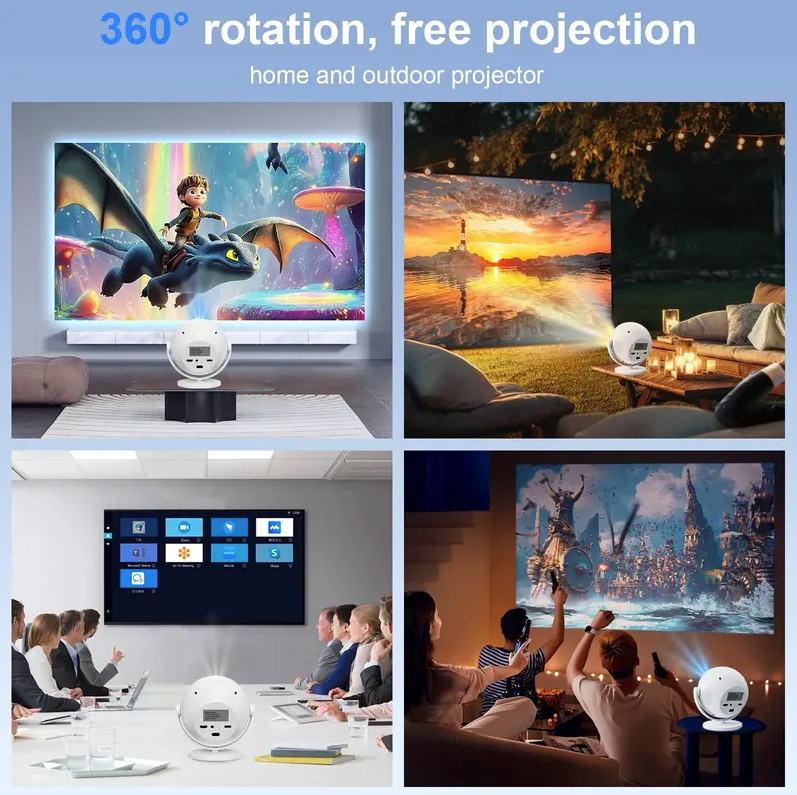 Mini 4K Smart Portable Projector – 360° Rotatable with Wi-Fi 6, Bluetooth 5.2 & Built-In Apps