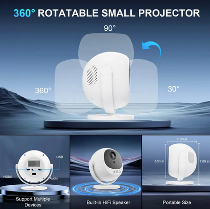 Mini 4K Smart Portable Projector – 360° Rotatable with Wi-Fi 6, Bluetooth 5.2 & Built-In Apps