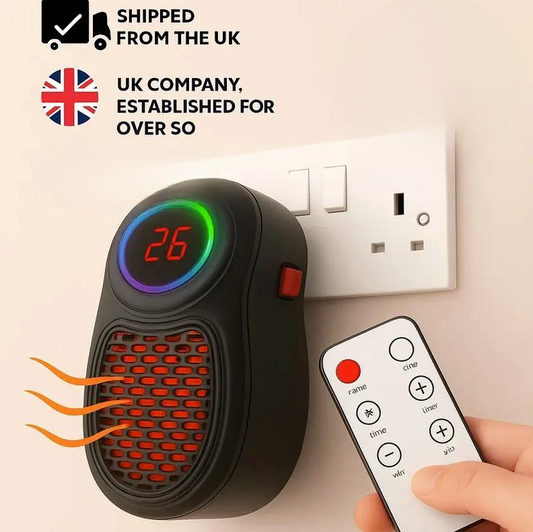Plug-In Go Heater – Portable Ceramic Fan Heater with Adjustable Temperature & Remote Control