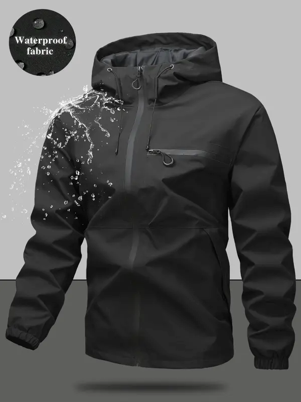 Men’s Waterproof & Windproof Hooded Jacket – Lightweight Outdoor Zip-Up with Secure Pockets