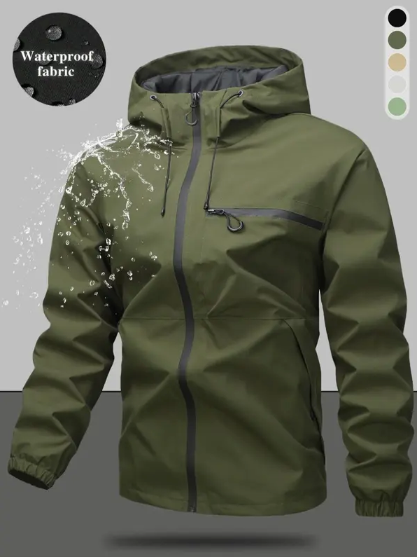 Men’s Waterproof & Windproof Hooded Jacket – Lightweight Outdoor Zip-Up with Secure Pockets