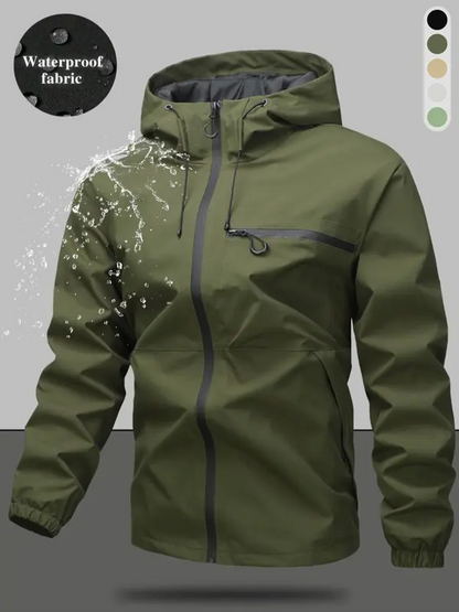 Men’s Waterproof & Windproof Hooded Jacket – Lightweight Outdoor Zip-Up with Secure Pockets