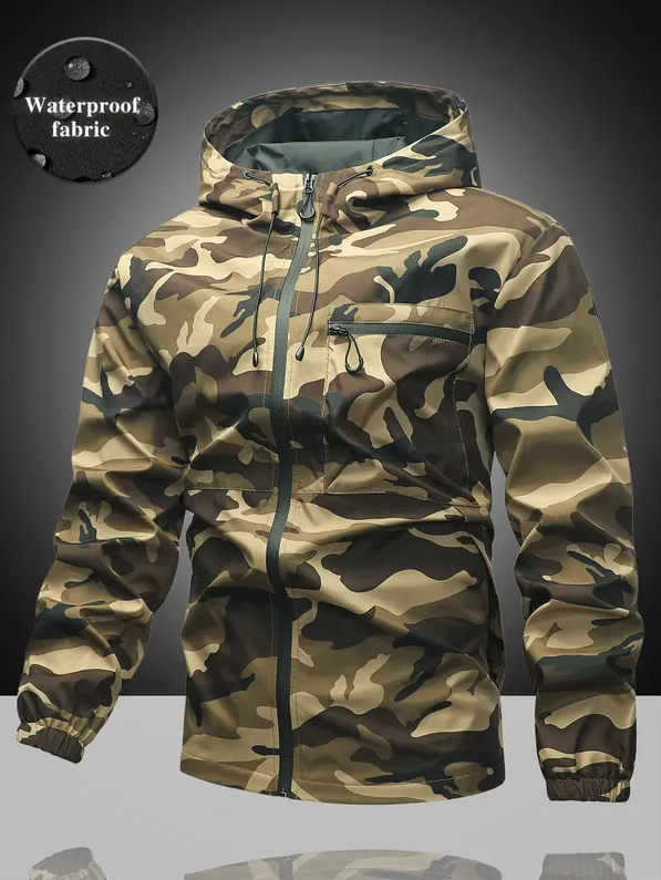 Men’s Waterproof & Windproof Hooded Jacket – Lightweight Outdoor Zip-Up with Secure Pockets