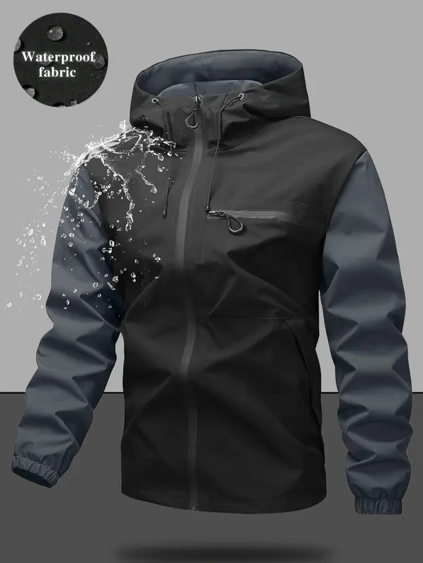 Men’s Waterproof & Windproof Hooded Jacket – Lightweight Outdoor Zip-Up with Secure Pockets