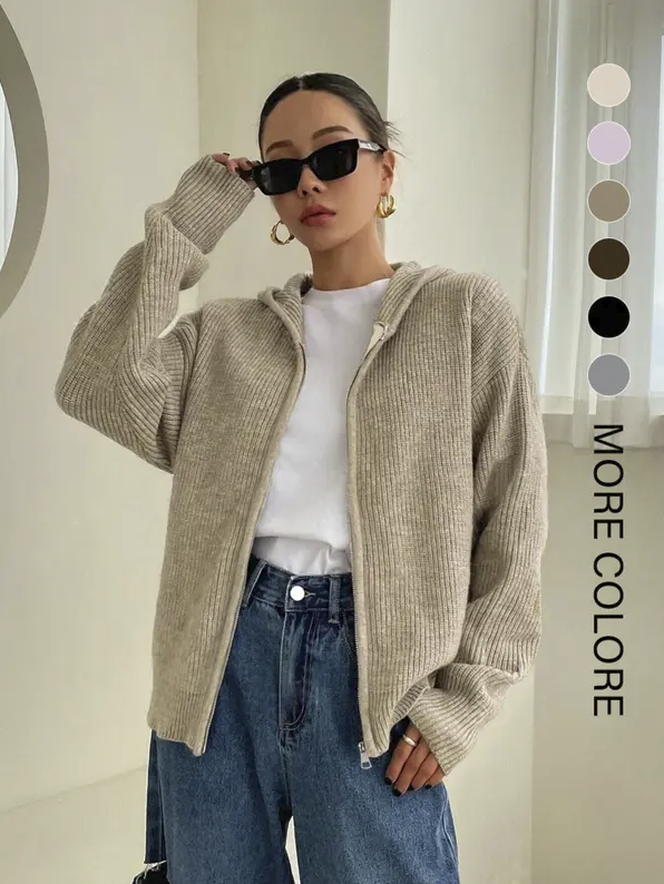 Women’s Zip-Up Hooded Knit Cardigan – Casual Drop Shoulder Sweater for Everyday Fall & Winter Wear