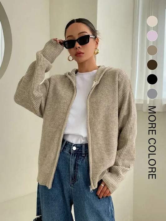 Women’s Zip-Up Hooded Knit Cardigan – Casual Drop Shoulder Sweater for Everyday Fall & Winter Wear