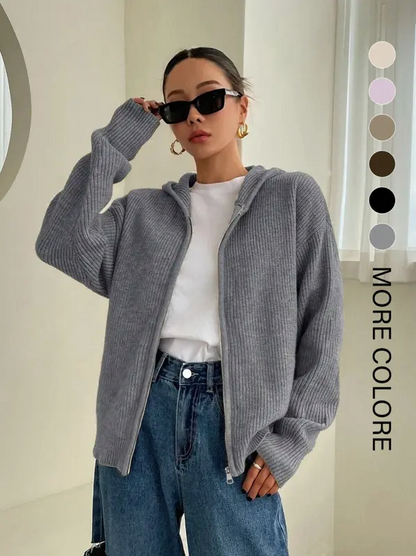 Women’s Zip-Up Hooded Knit Cardigan – Casual Drop Shoulder Sweater for Everyday Fall & Winter Wear