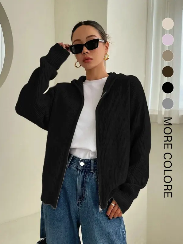 Women’s Zip-Up Hooded Knit Cardigan – Casual Drop Shoulder Sweater for Everyday Fall & Winter Wear