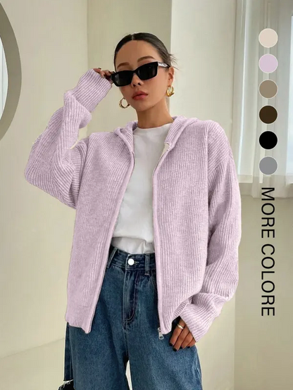 Women’s Zip-Up Hooded Knit Cardigan – Casual Drop Shoulder Sweater for Everyday Fall & Winter Wear