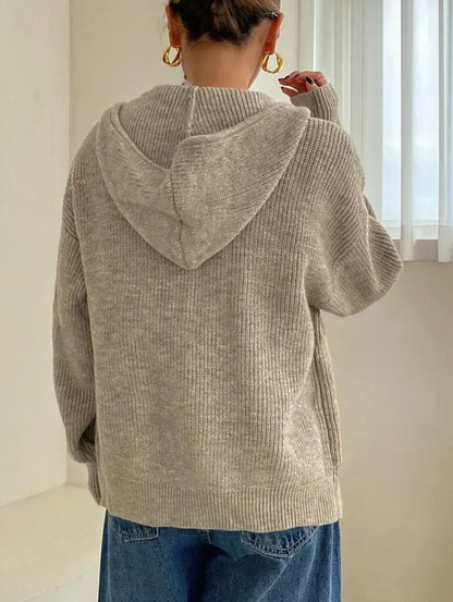 Women’s Zip-Up Hooded Knit Cardigan – Casual Drop Shoulder Sweater for Everyday Fall & Winter Wear
