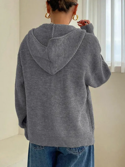 Women’s Zip-Up Hooded Knit Cardigan – Casual Drop Shoulder Sweater for Everyday Fall & Winter Wear