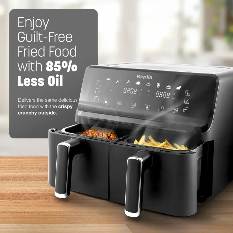 Dual Zone Digital Air Fryer – Extra-Large 9L Family Size | Energy-Saving, Smart Cooking with 8 Presets