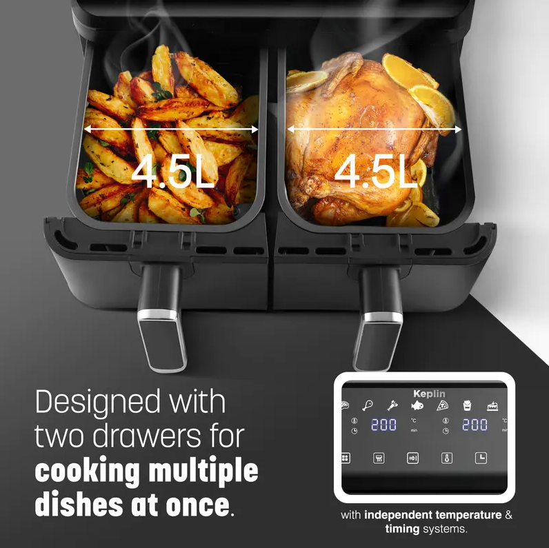 Dual Zone Digital Air Fryer – Extra-Large 9L Family Size | Energy-Saving, Smart Cooking with 8 Presets