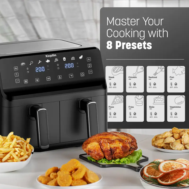 Dual Zone Digital Air Fryer – Extra-Large 9L Family Size | Energy-Saving, Smart Cooking with 8 Presets